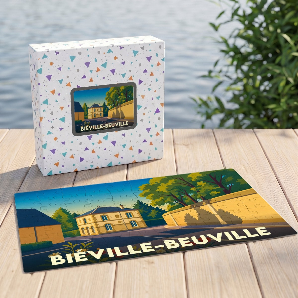 Puzzle souvenir de la ville de Biéville-Beuville avec une illustration stylisée et sa boîte assortie.
