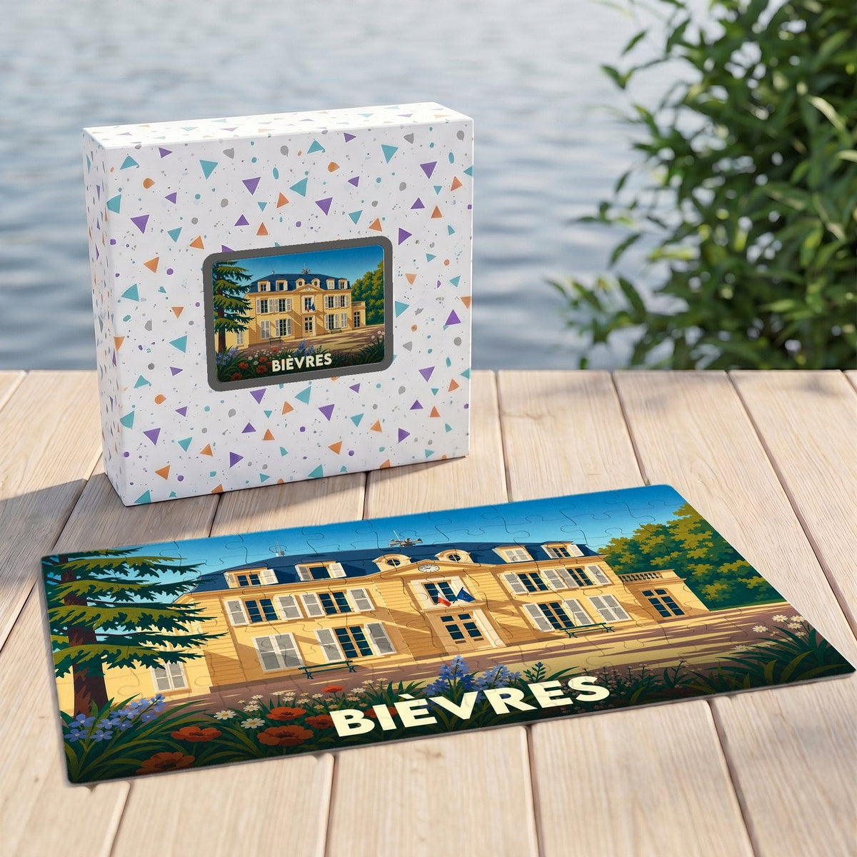Puzzle souvenir de la ville de Bièvres avec une illustration stylisée d'un bâtiment historique.