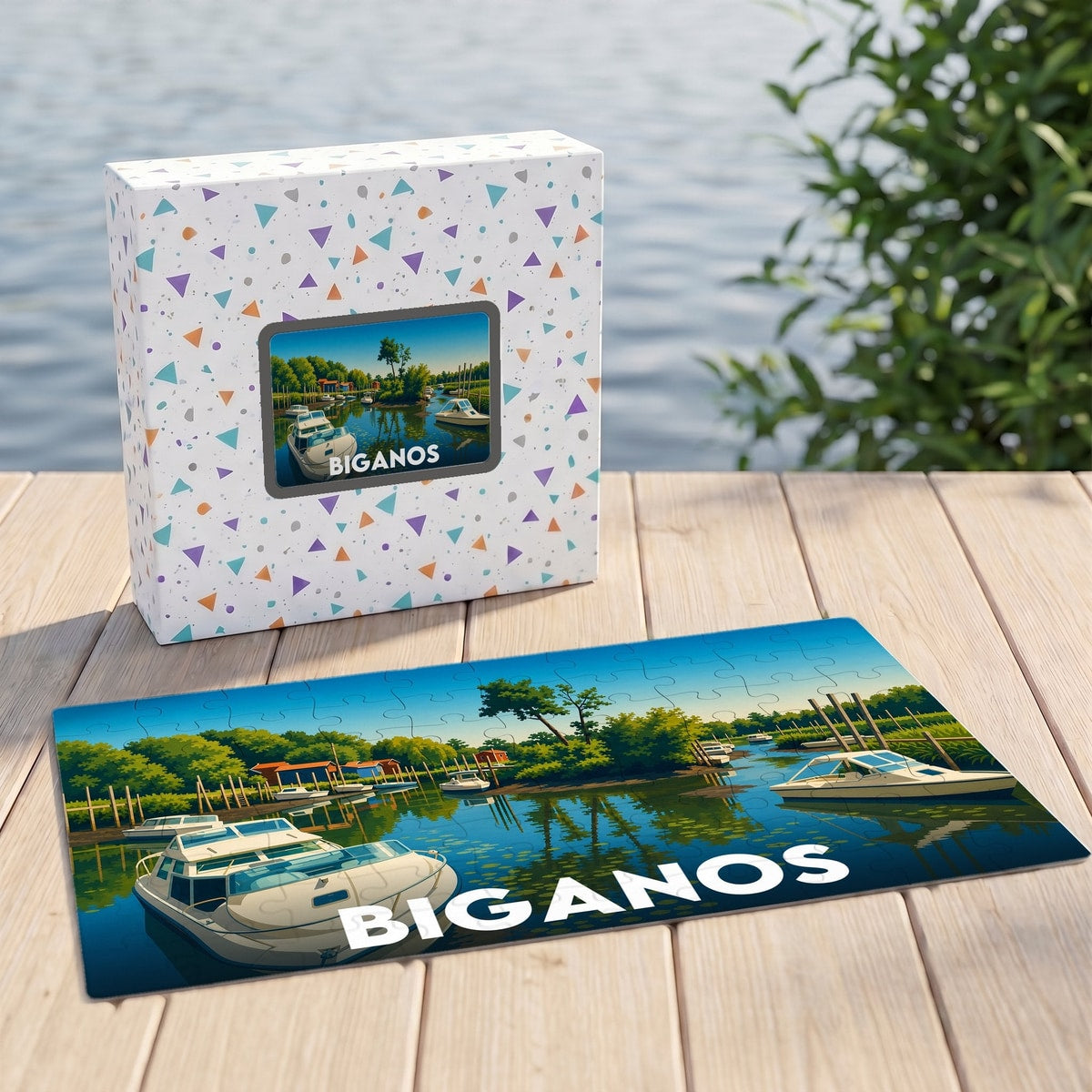 Puzzle souvenir de la ville de Biganos avec une illustration stylisée de son port.