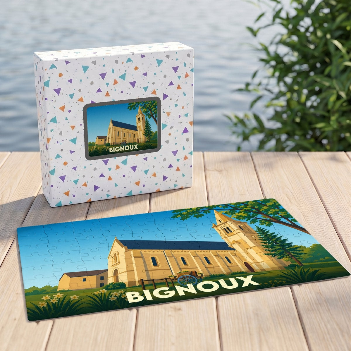 Puzzle souvenir de la ville de Bignoux avec une illustration stylisée de son église.