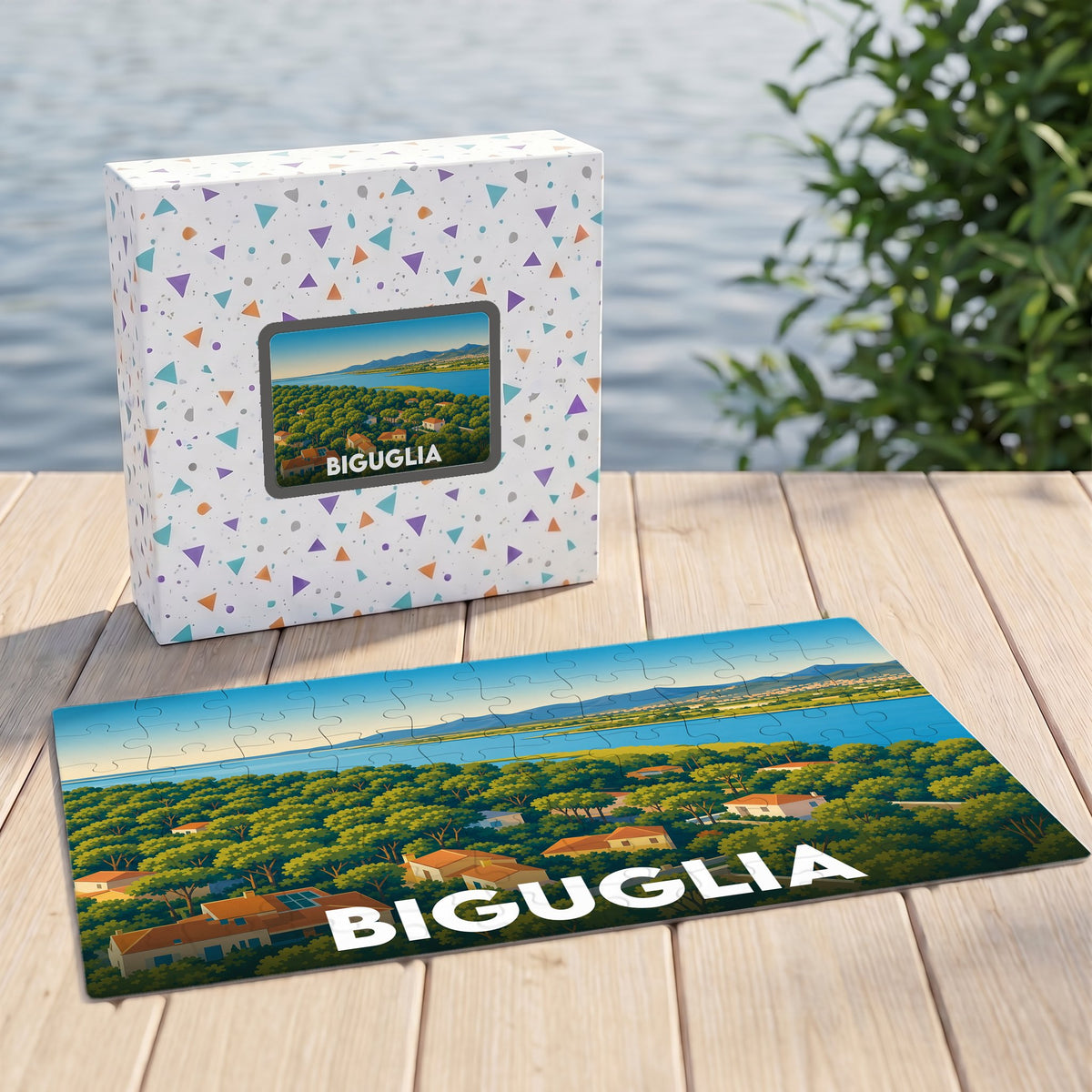 Puzzle souvenir de la ville de Biguglia représentant un paysage côtier illustré avec sa boîte assortie.