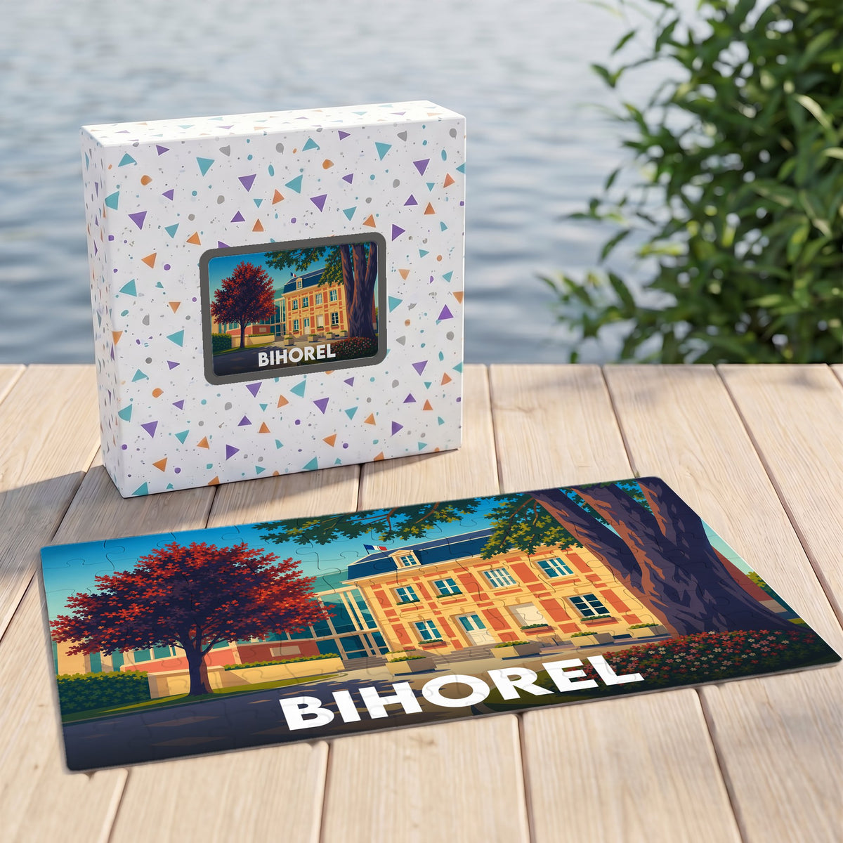 Puzzle souvenir de la ville de Bihorel avec une illustration stylisée de l'hôtel de ville.