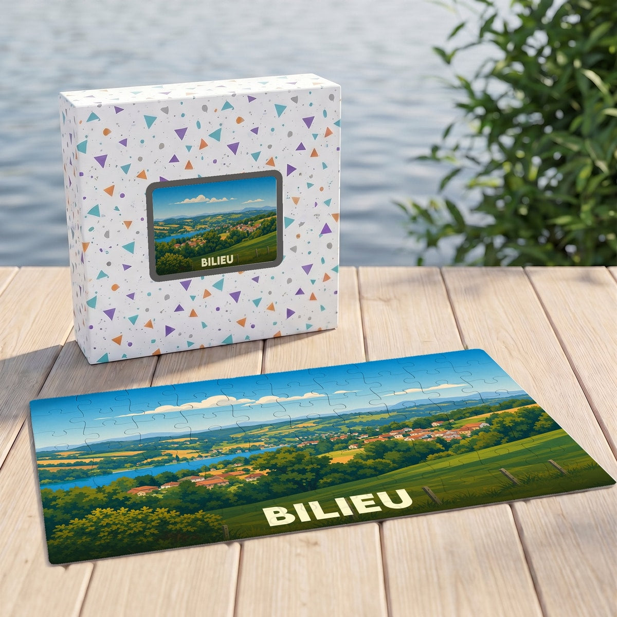 Puzzle souvenir de la ville de Bilieu avec une illustration paysagère stylisée.