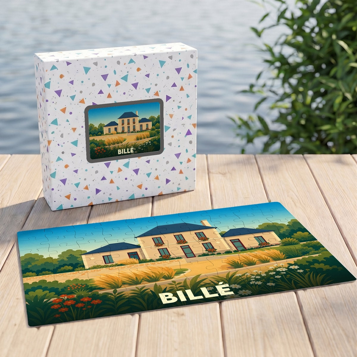 Puzzle souvenir de la ville de Billé avec une illustration stylisée d'une maison de campagne.