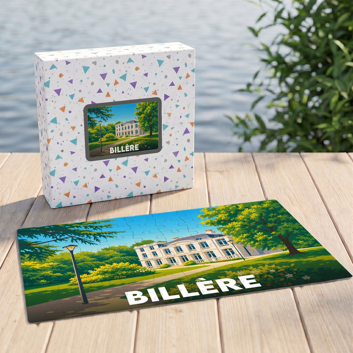 Puzzle souvenir de la ville de Billère avec une illustration stylisée d'un manoir dans un parc.