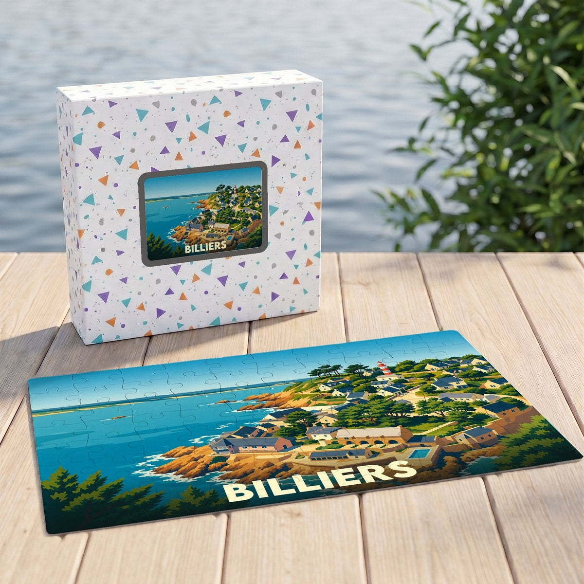 Puzzle souvenir de la ville de Billiers avec une illustration stylisée d'un paysage côtier.