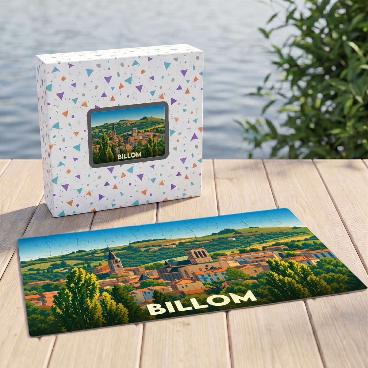 Puzzle souvenir de la ville de Billom avec une illustration stylisée d'un paysage urbain verdoyant.