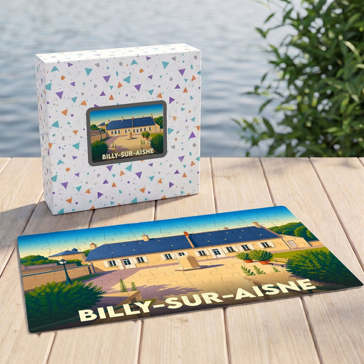 Puzzle souvenir de la ville de Billy-sur-Aisne avec son carton d'emballage assorti.