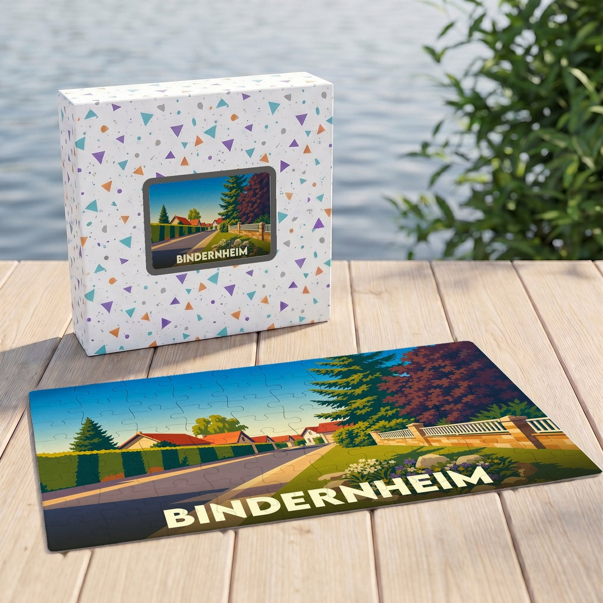 Puzzle souvenir de la ville de Bindernheim avec une illustration stylisée.