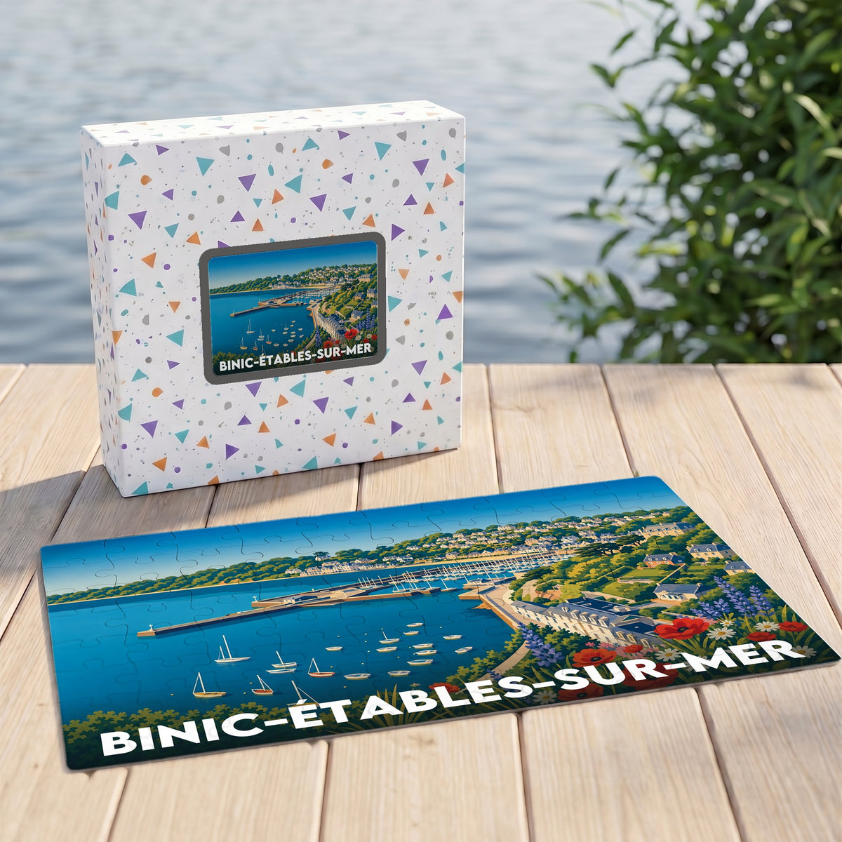 Puzzle souvenir de la ville de Binic-Étables-sur-Mer avec une illustration stylisée du port et de son littoral.