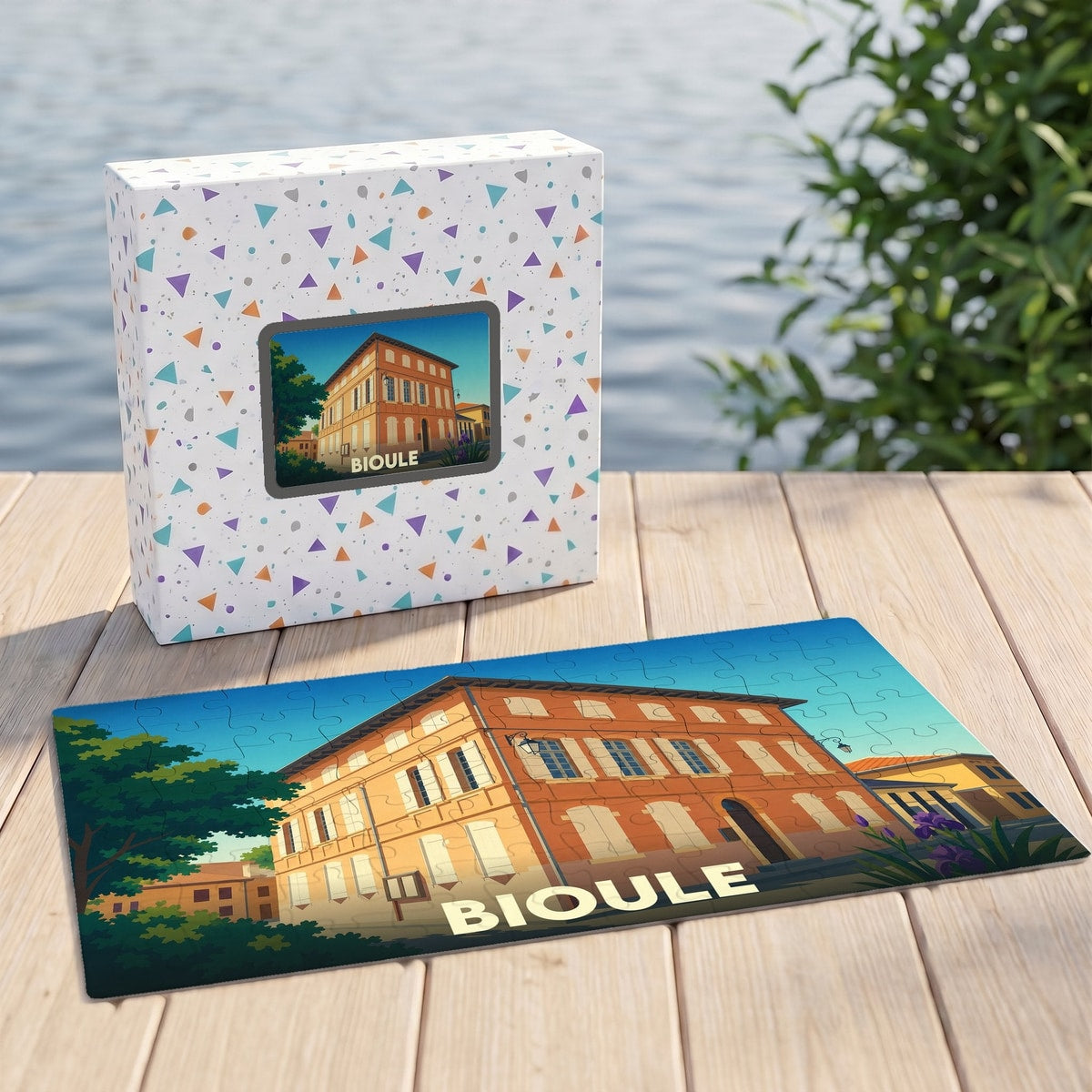 Puzzle souvenir de la ville de Bioule avec une illustration stylisée d'un bâtiment historique.