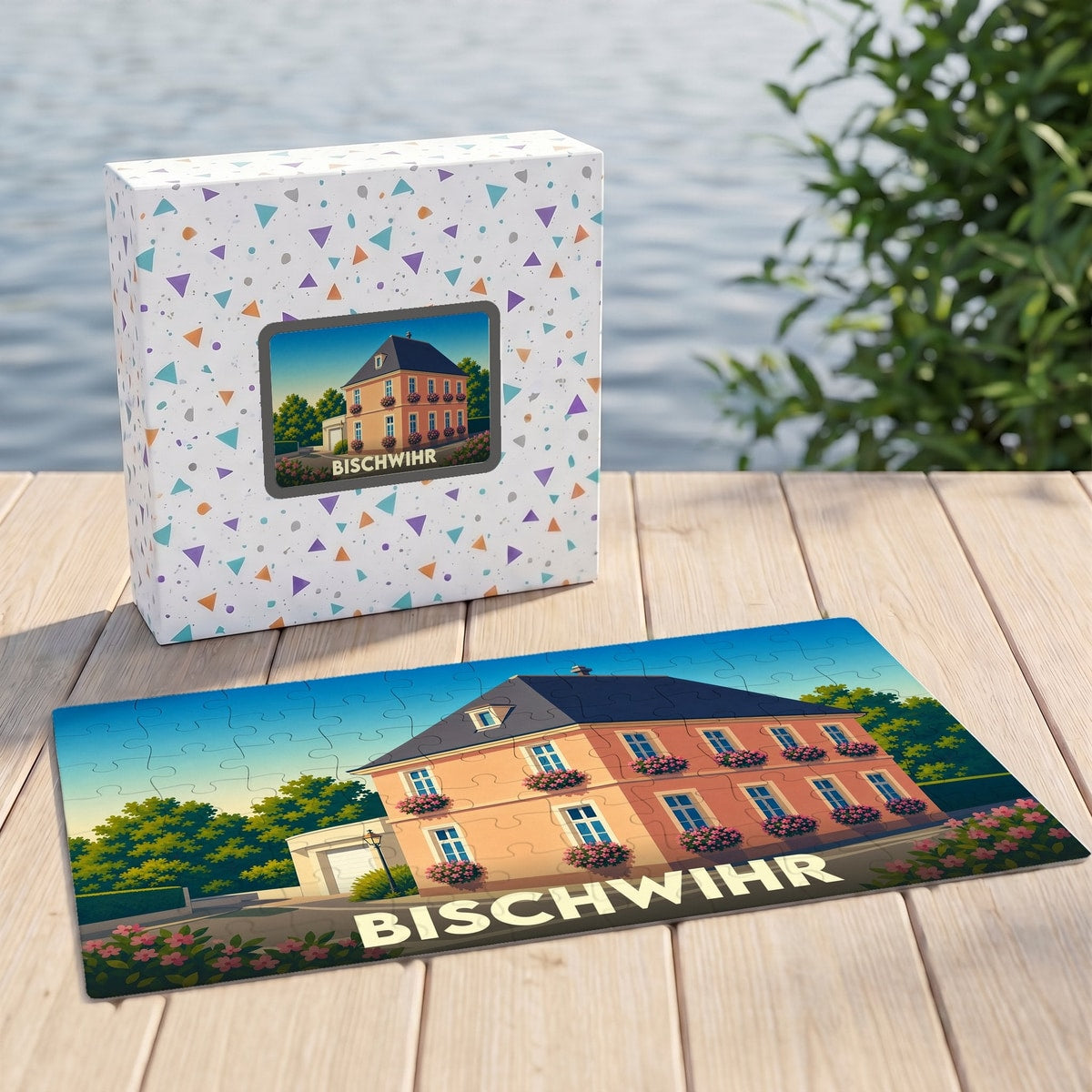 Puzzle souvenir de la ville de Bischwihr illustrant une maison traditionnelle alsacienne fleurie.