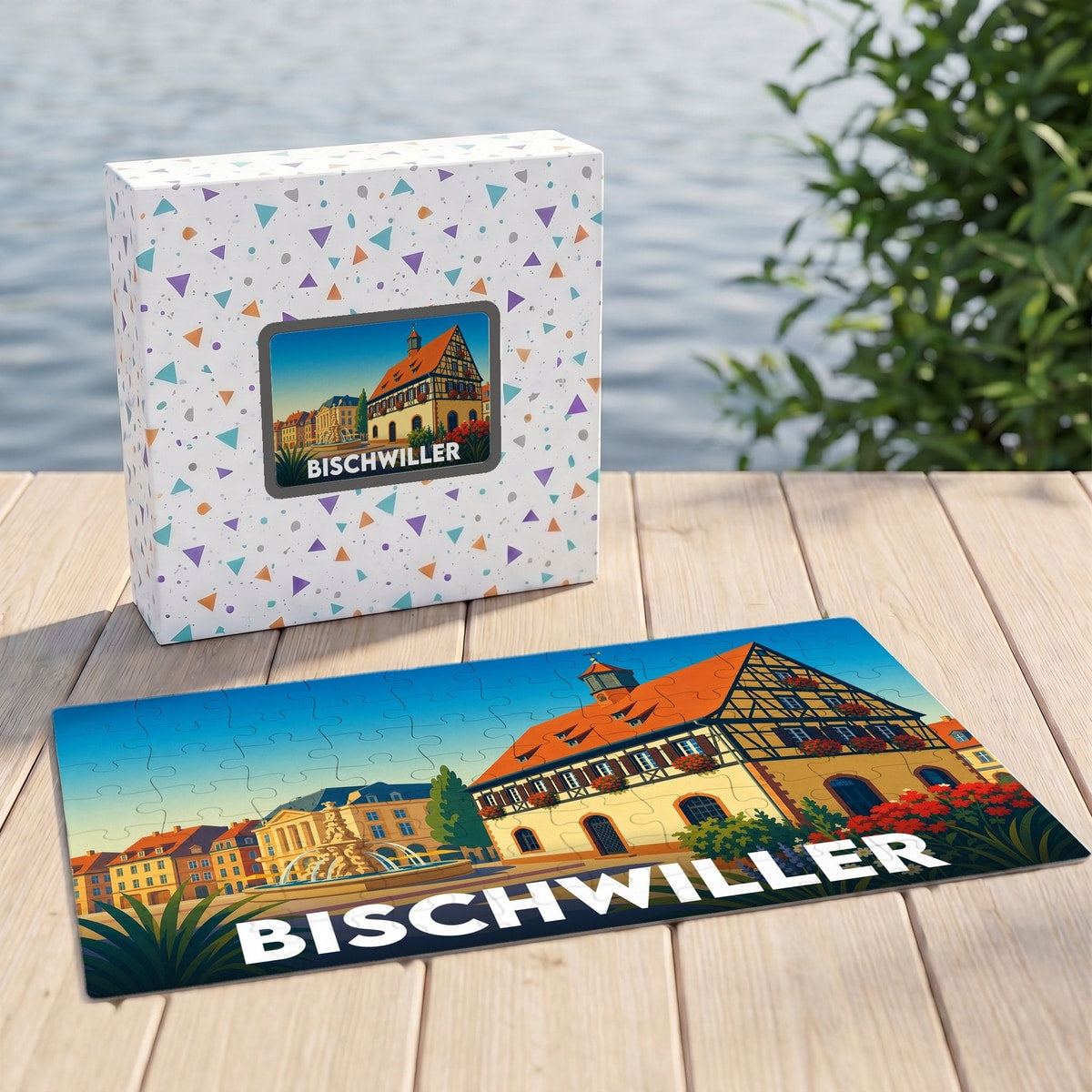 Puzzle souvenir de la ville de Bischwiller illustré par un paysage urbain stylisé et coloré.
