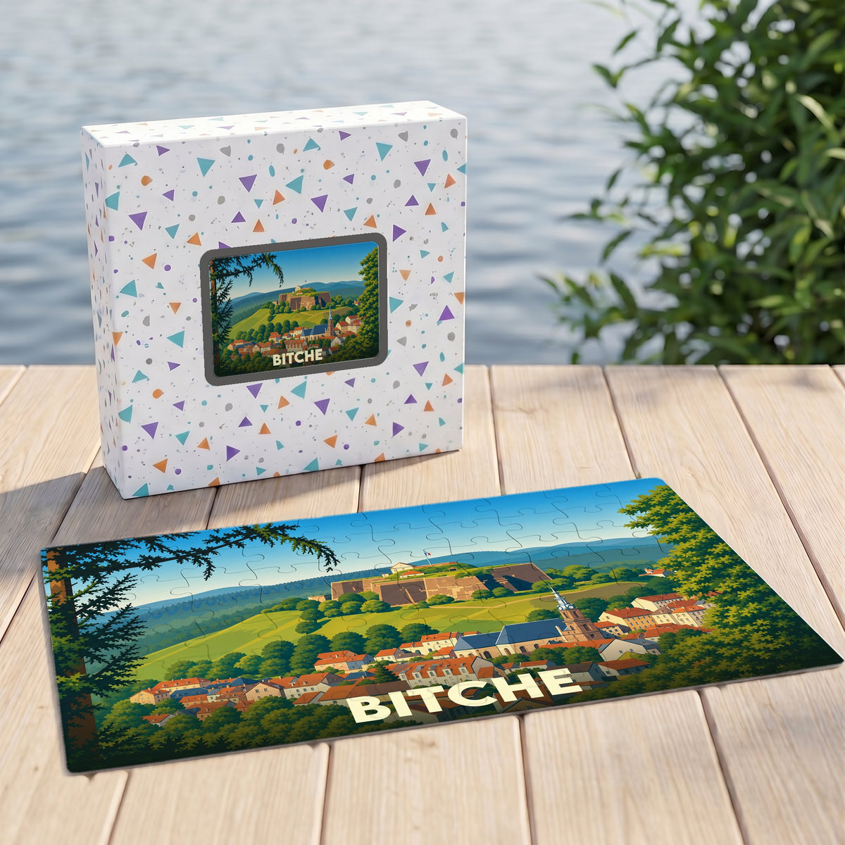 Puzzle souvenir de la ville de Bitche avec une illustration stylisée de sa citadelle et de ses toits rouges.