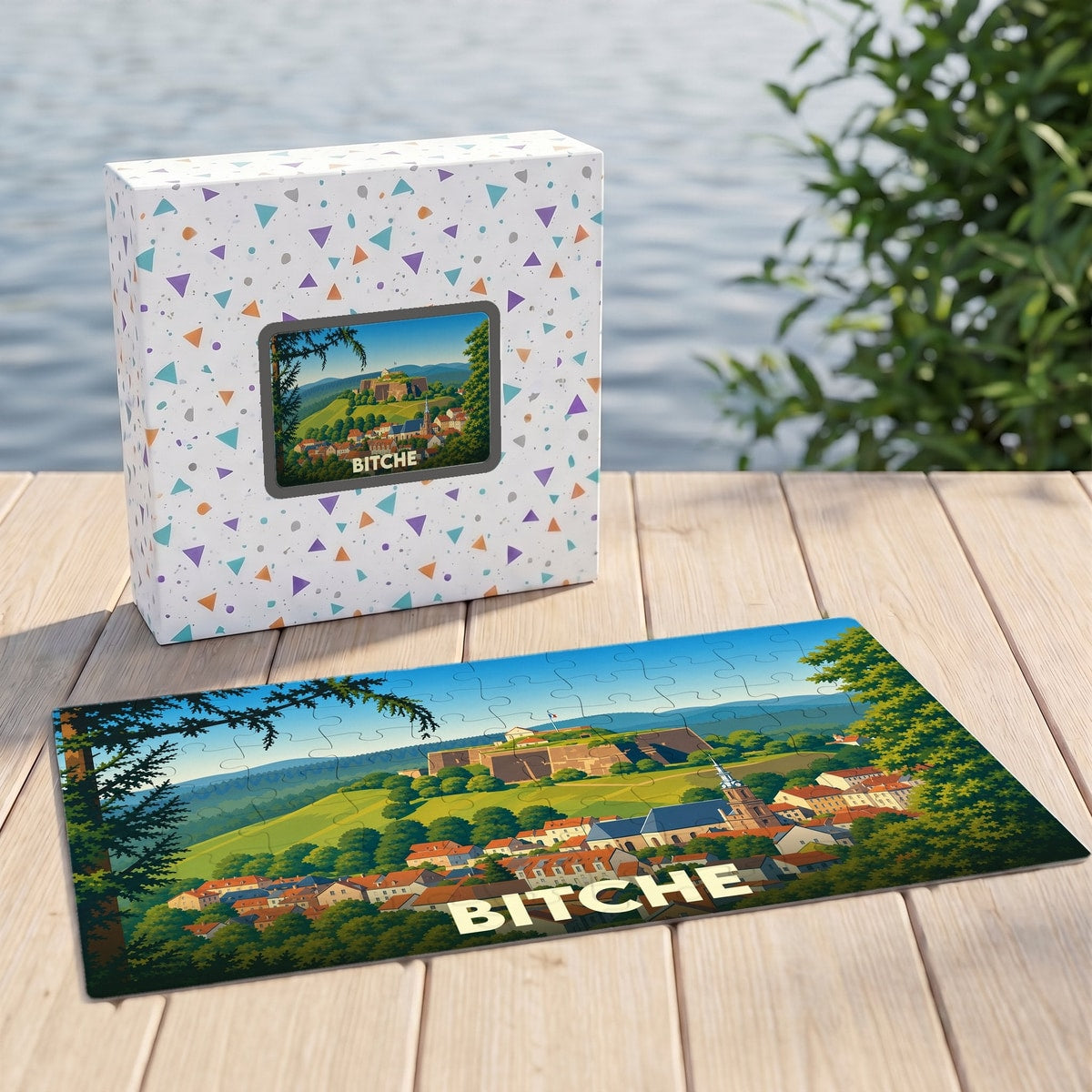 Puzzle souvenir de la ville de Bitche illustré d'un paysage panoramique stylisé de sa citadelle.
