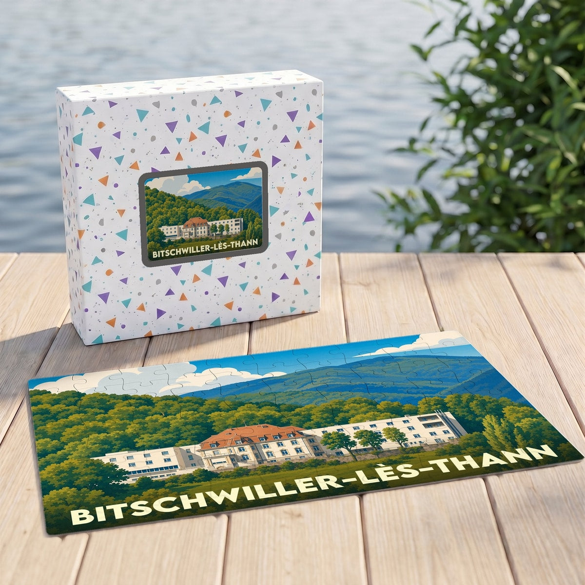 Puzzle souvenir de la ville de Bitschwiller-lès-Thann avec une illustration stylisée d'un bâtiment historique au pied des montagnes.