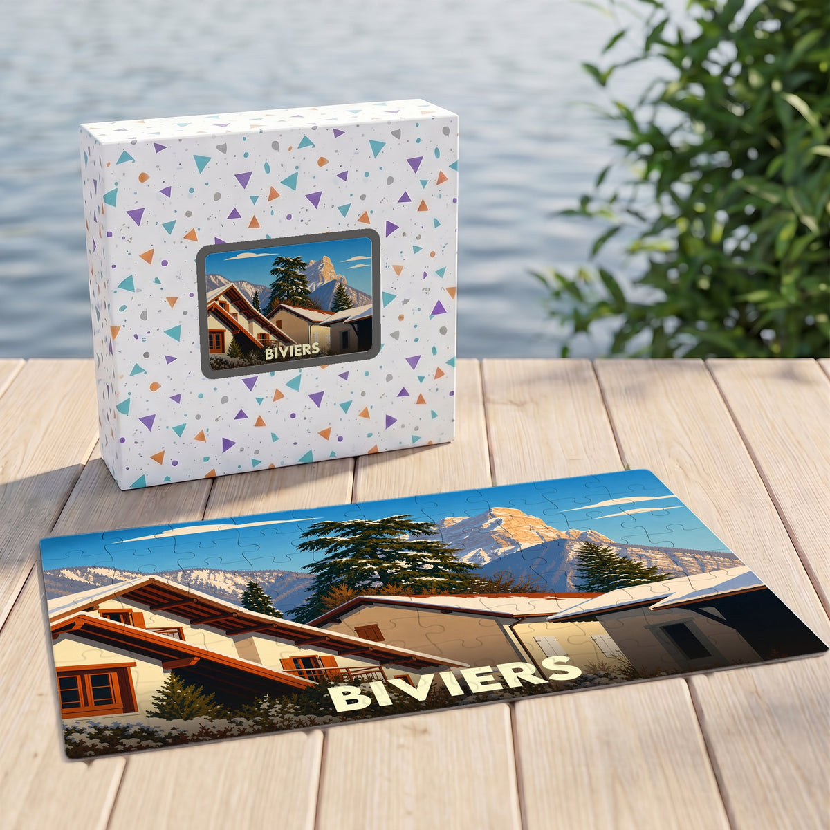 Puzzle souvenir de la ville de Biviers avec une illustration stylisée de chalets de montagne enneigés.
