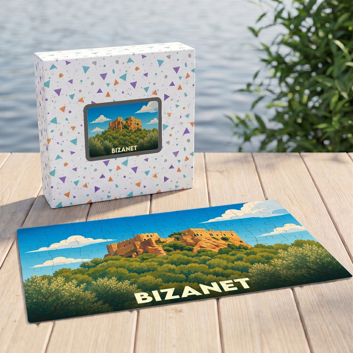Puzzle souvenir de la ville de Bizanet présentant une illustration de son château sur sa boîte et en version assemblée.