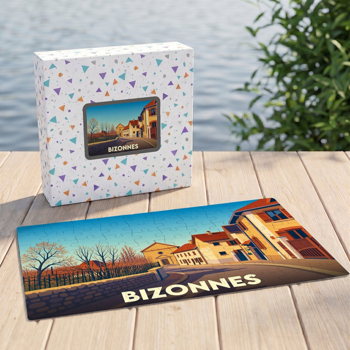 Puzzle souvenir de la ville de Bizonnes avec une illustration stylisée.
