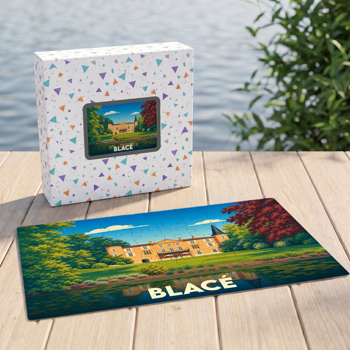 Puzzle souvenir de la ville de Blacé avec une illustration stylisée d'un château au bord de l'eau.