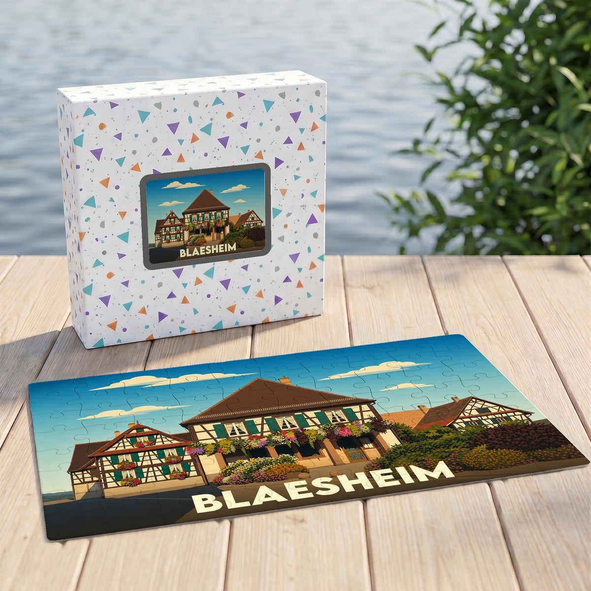 Puzzle souvenir de la ville de Blaesheim avec une illustration stylisée de maisons à colombages.