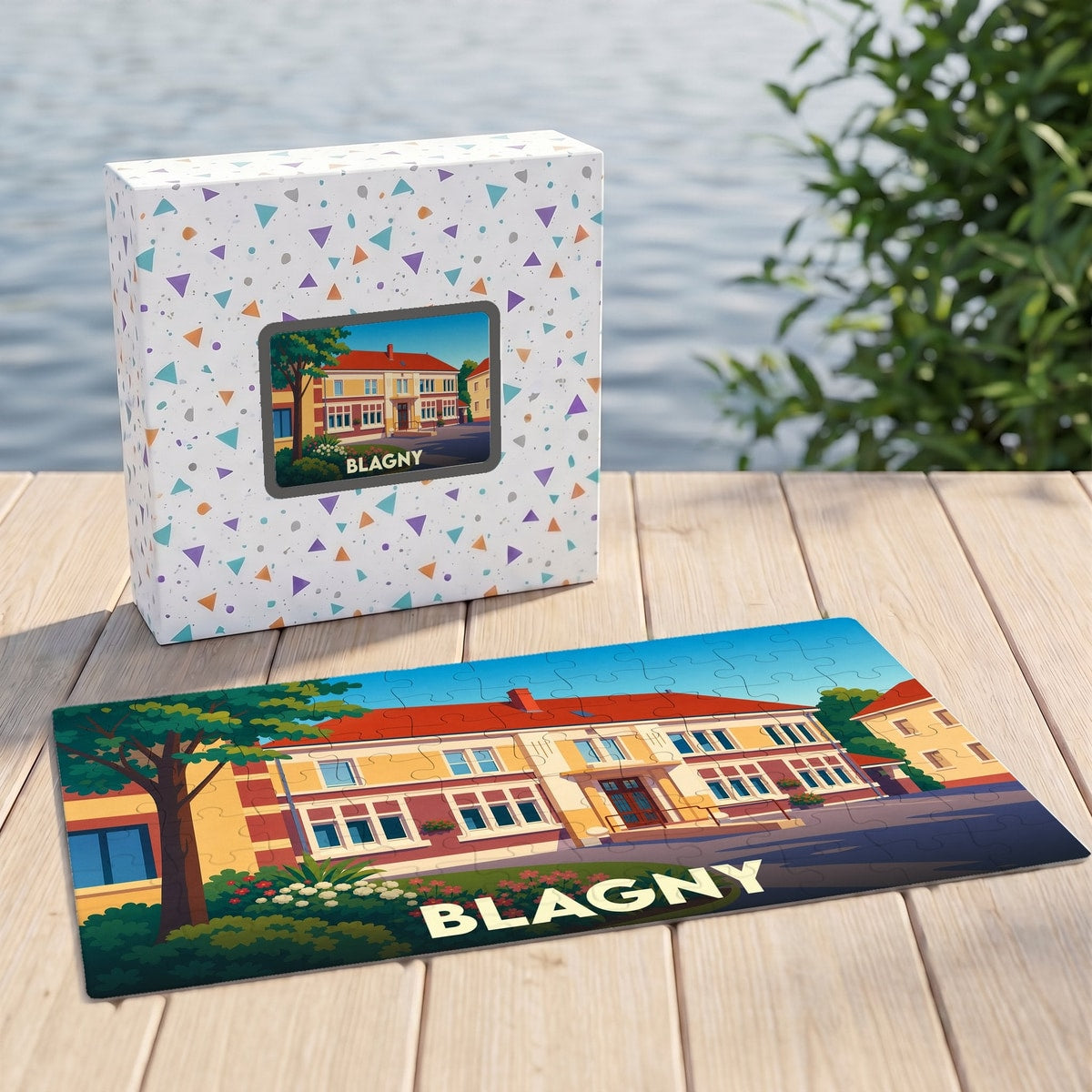 Puzzle souvenir de la ville de Blagny avec une illustration stylisée d'un bâtiment remarquable.