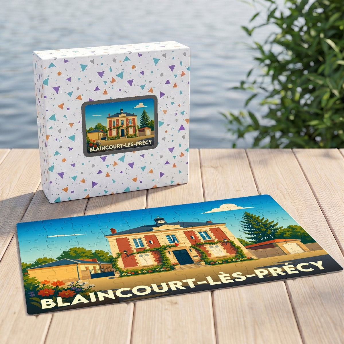 Puzzle souvenir de la ville de Blaincourt-lès-Précy avec une illustration stylisée de sa mairie.