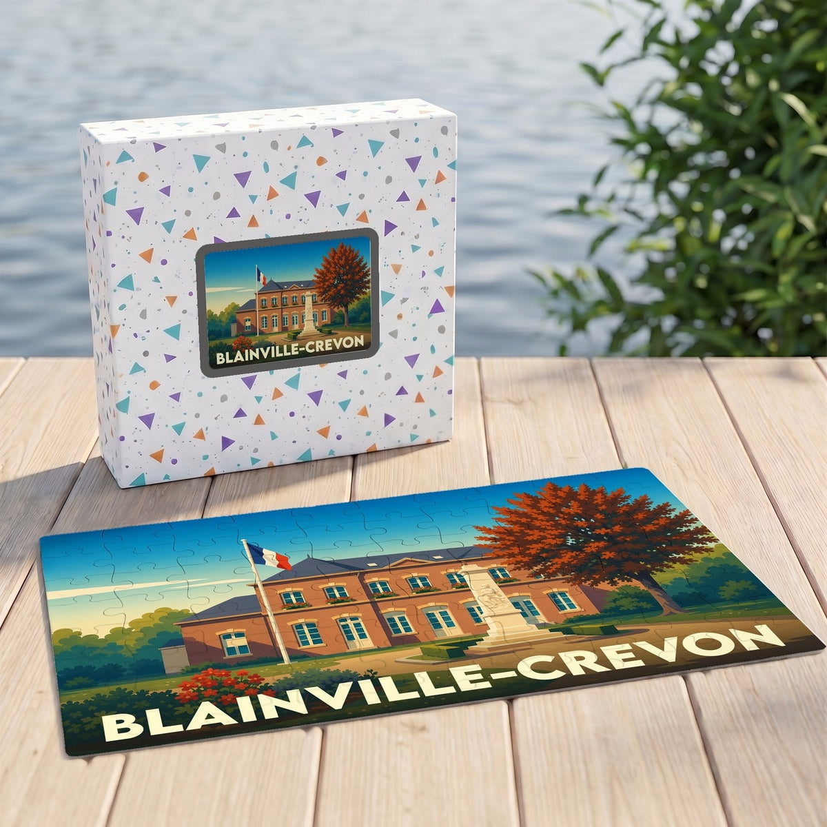 Puzzle souvenir de la ville de Blainville-Crevon avec son illustration stylisée et sa boîte assortie.
