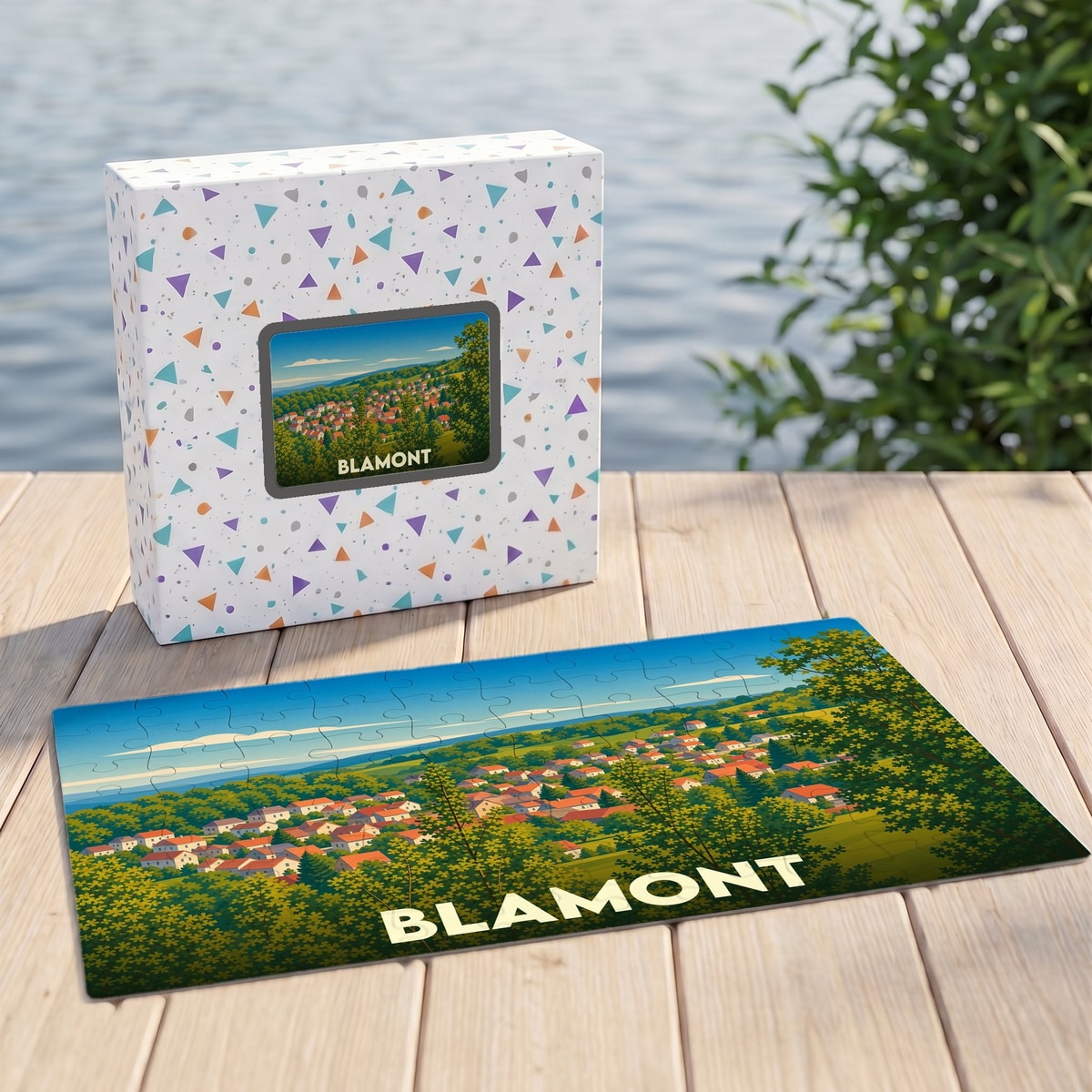 Puzzle souvenir de la ville de Blamont avec une illustration paysagère stylisée.