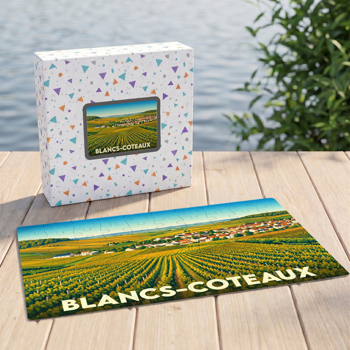 Puzzle souvenir de la commune de Blancs-Coteaux illustré d'un paysage de vignobles.