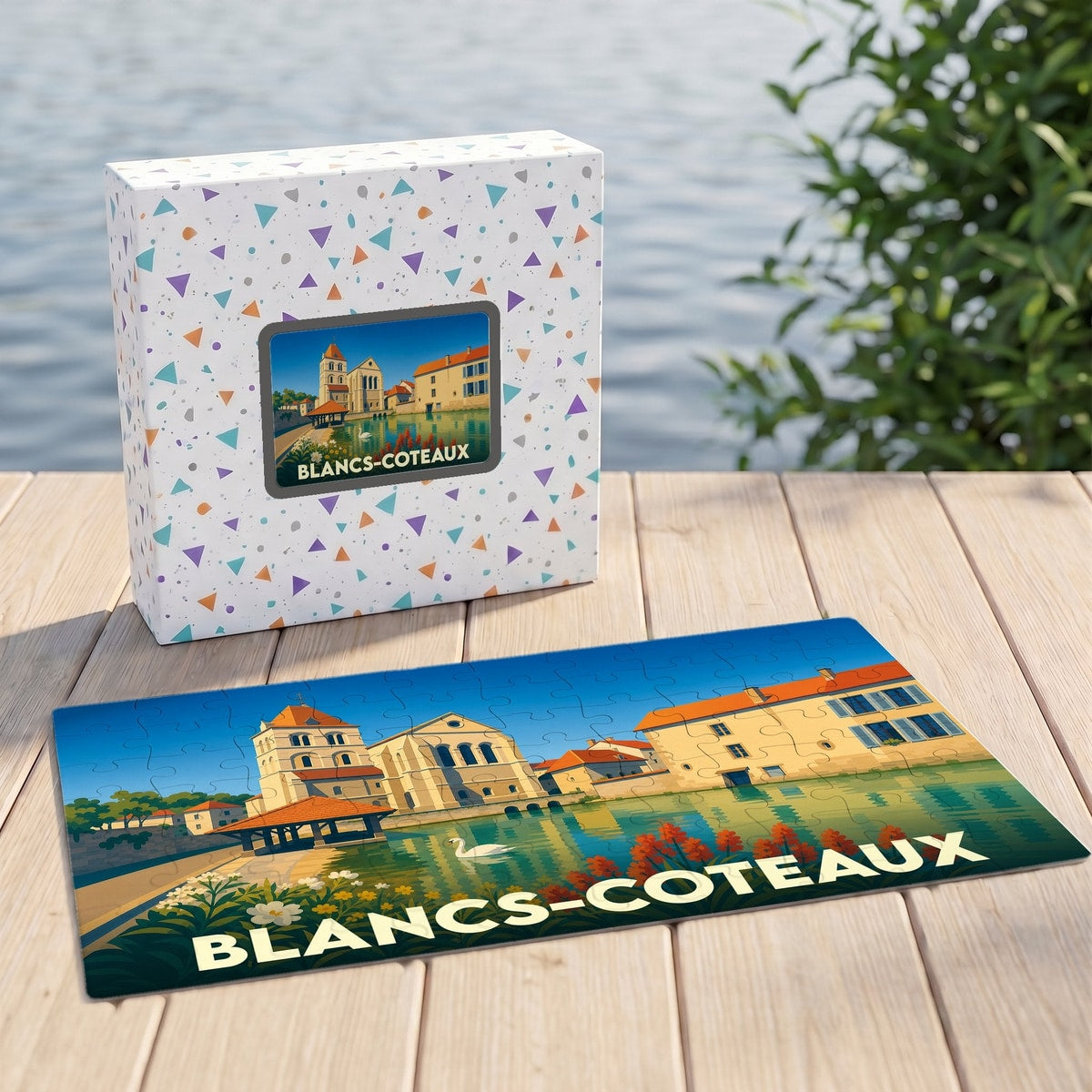 Puzzle souvenir de la ville de Blancs-Coteaux avec une illustration stylisée.