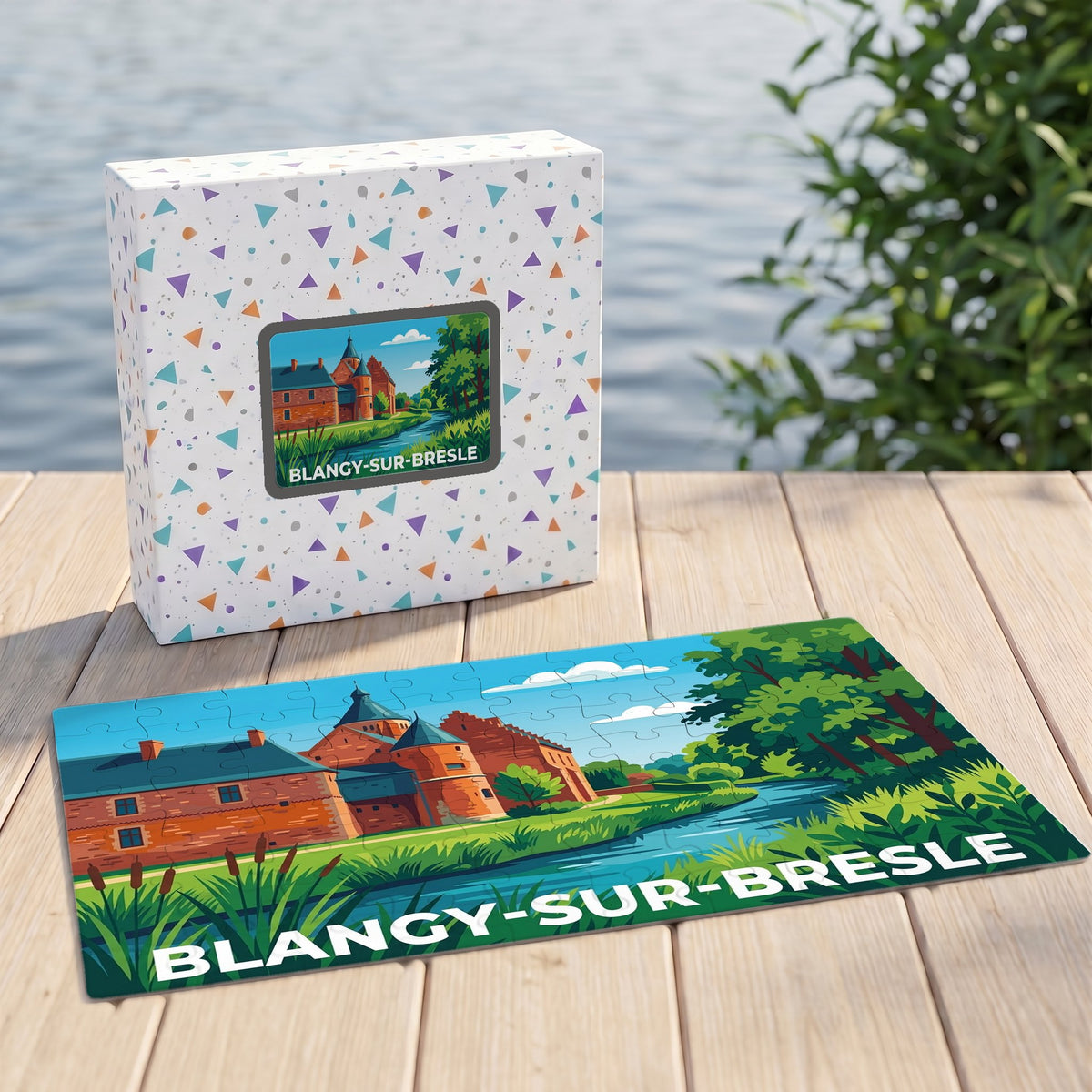 Puzzle souvenir de la ville de Blangy-sur-Bresle avec son coffret, illustrant un château au bord de l'eau dans un style coloré.