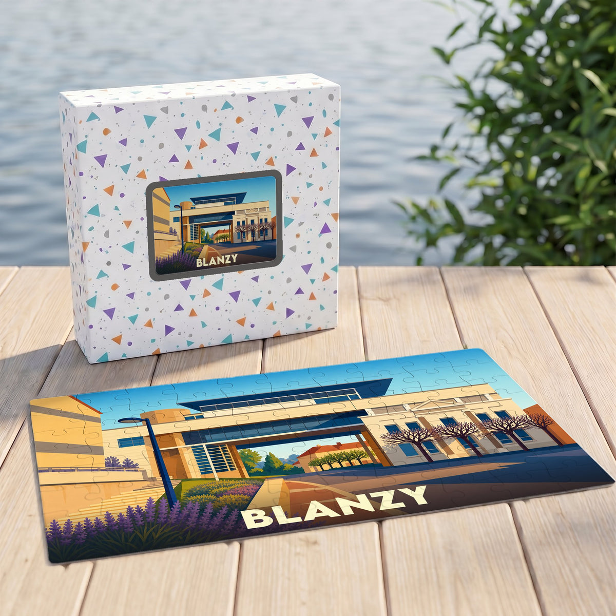 Puzzle souvenir de la ville de Blanzy avec une illustration stylisée et colorée.