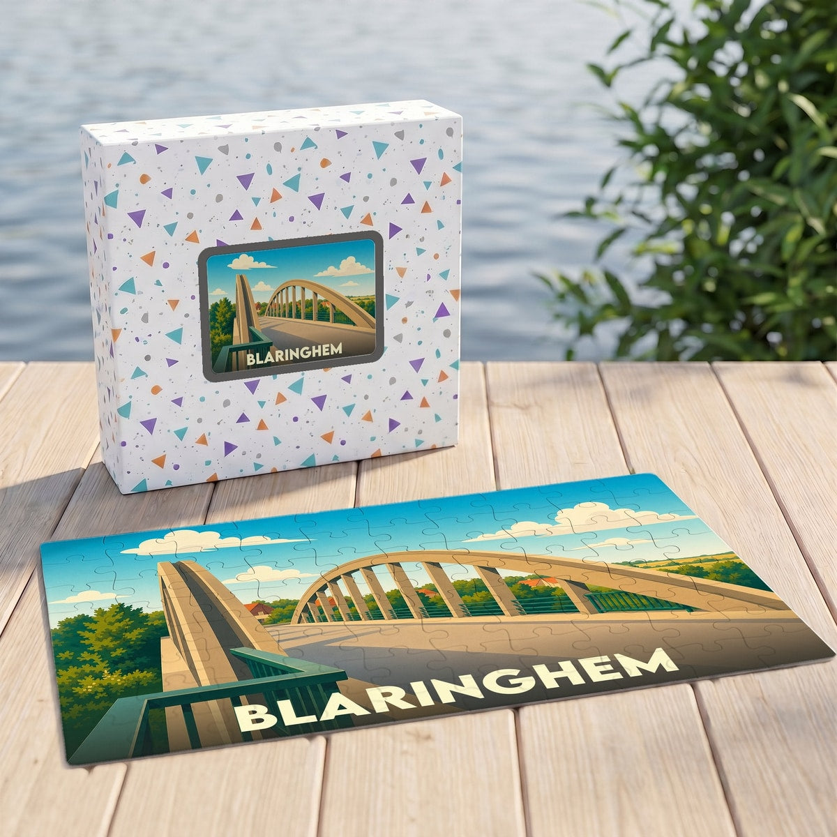 Puzzle souvenir de la ville de Blaringhem illustrant son pont sur un fond graphique coloré.