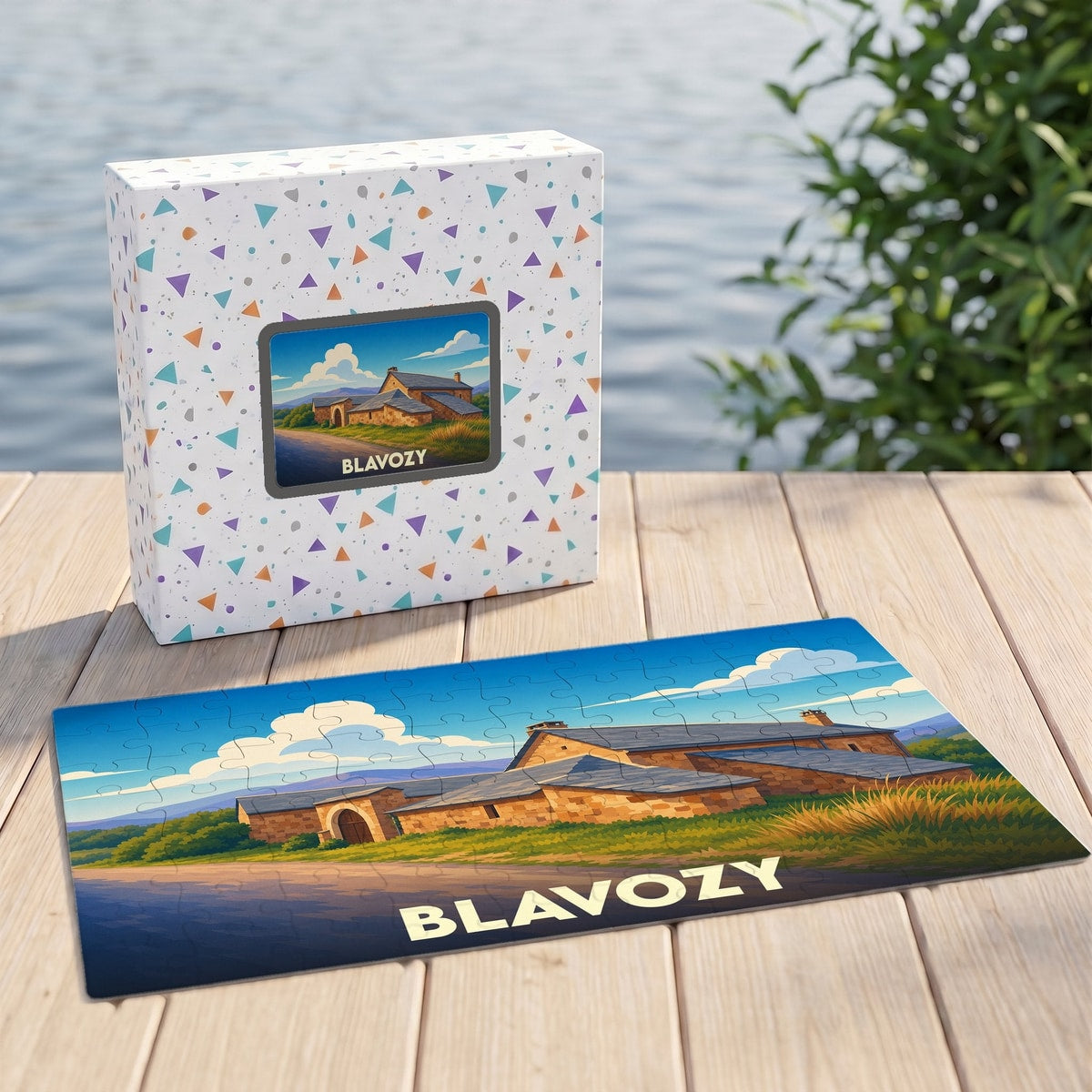 Puzzle souvenir de la ville de Blavozy illustrant un bâtiment en pierre sous un ciel azur.
