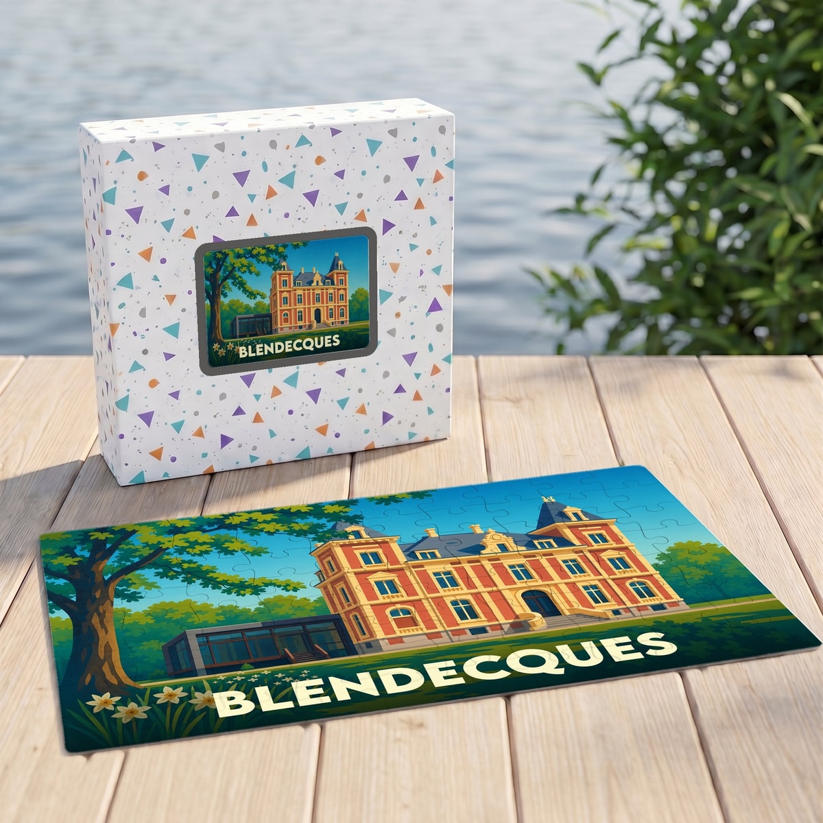 Puzzle souvenir de la ville de Blendecques avec une illustration stylisée d'un château.