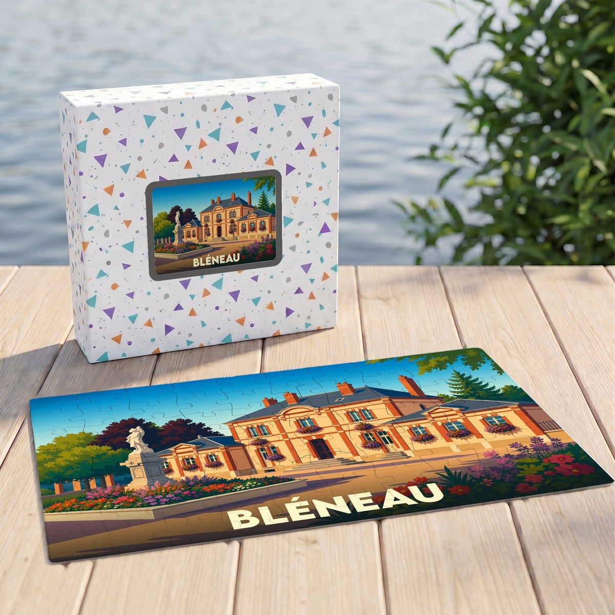 Puzzle souvenir de la ville de Bléneau illustré par une vue stylisée de son château.