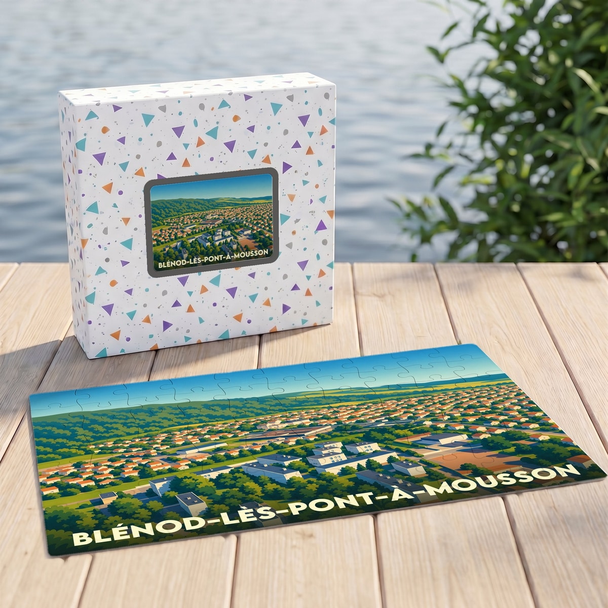 Puzzle souvenir de la ville de Blénod-lès-Pont-à-Mousson avec une illustration stylisée vue du ciel.