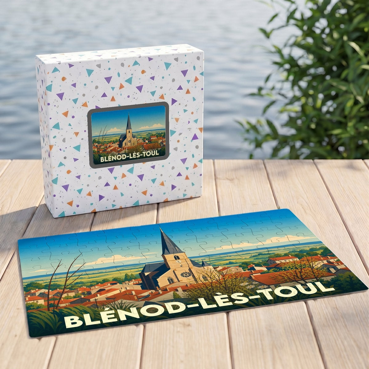 Puzzle souvenir de la ville de Blénod-lès-Toul avec une illustration stylisée de son église et de ses toits rouges.