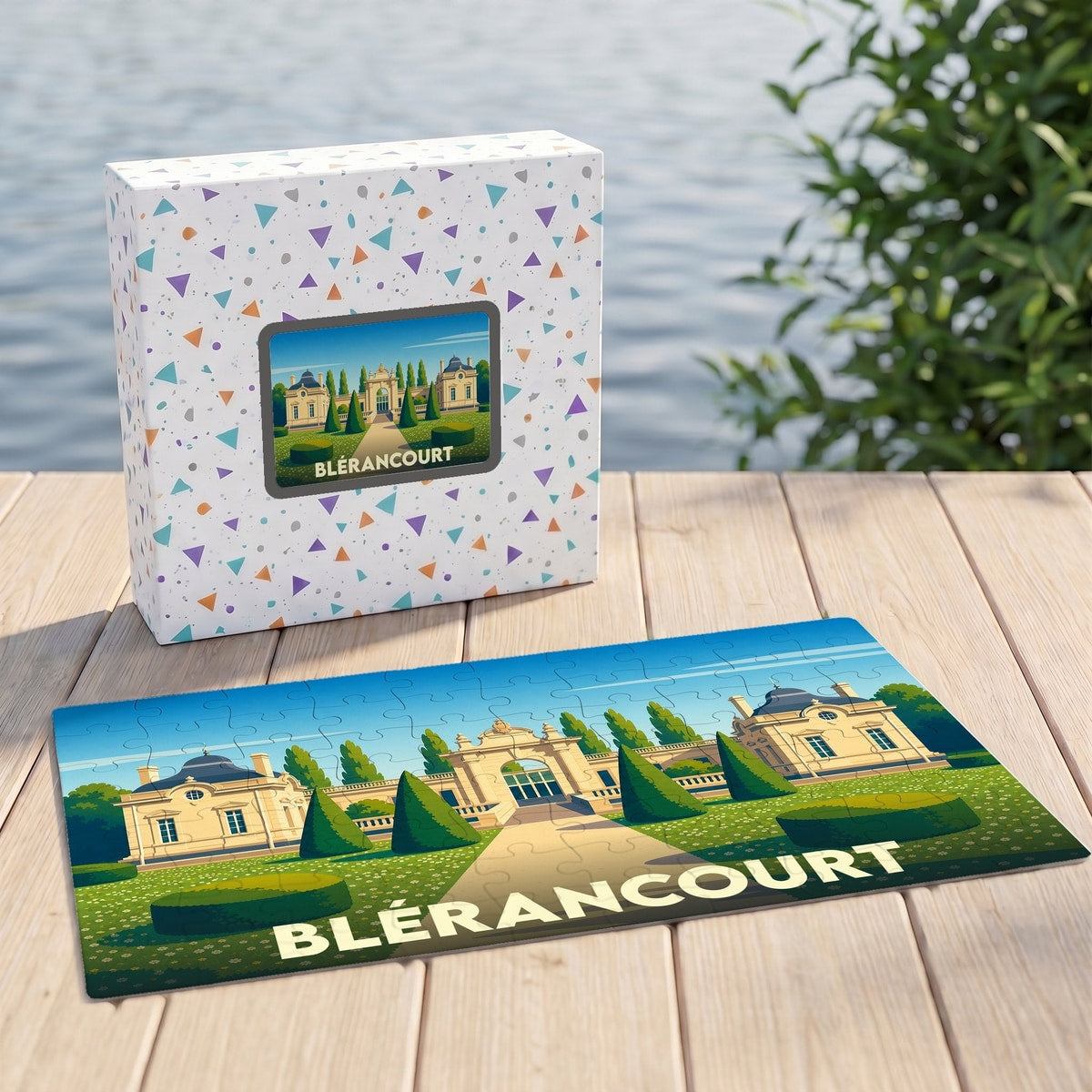 Puzzle souvenir de la ville de Blérancourt avec une illustration stylisée.