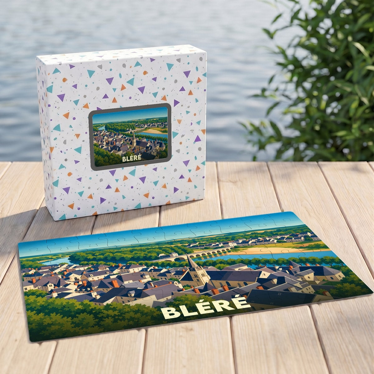 Puzzle souvenir de la ville de Bléré avec une illustration stylisée de son paysage urbain au bord de l'eau.