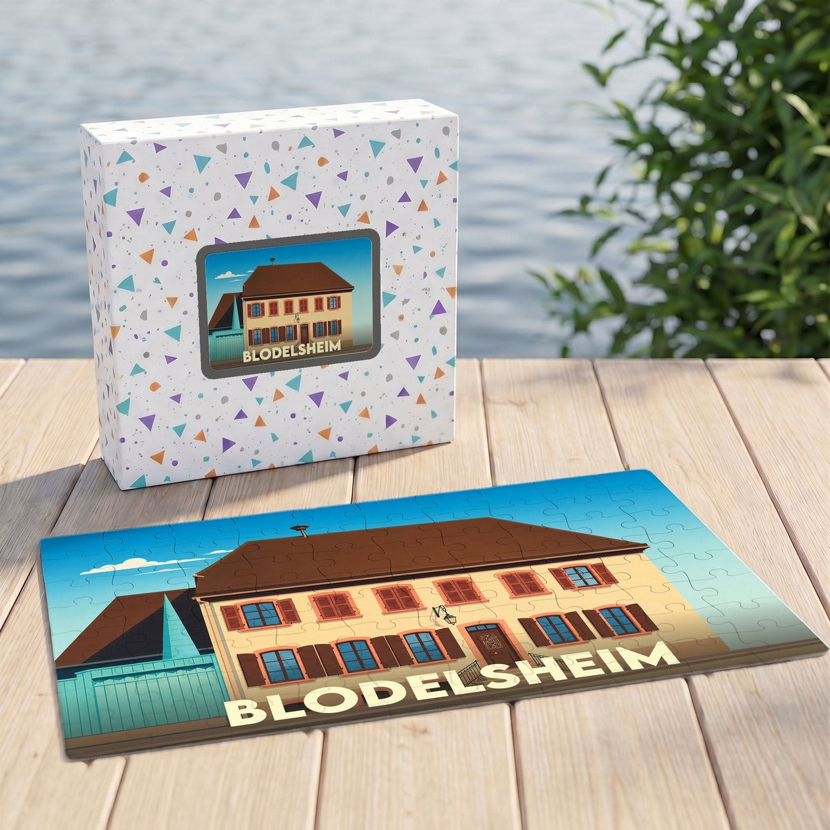 Puzzle souvenir de la ville de Blodelsheim avec une illustration stylisée d'un bâtiment traditionnel alsacien.