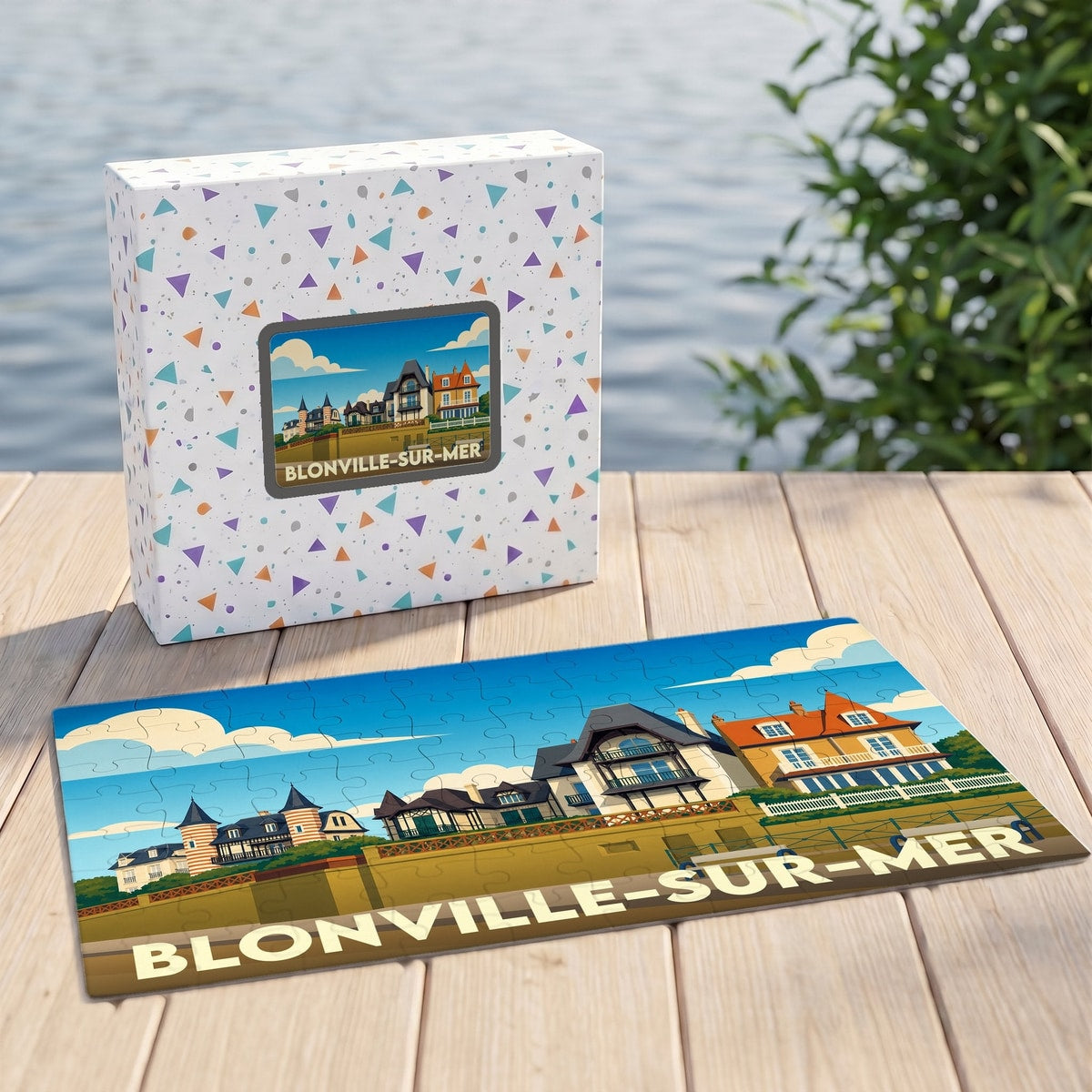 Puzzle souvenir de la ville de Blonville-sur-Mer avec une illustration stylisée de son front de mer.