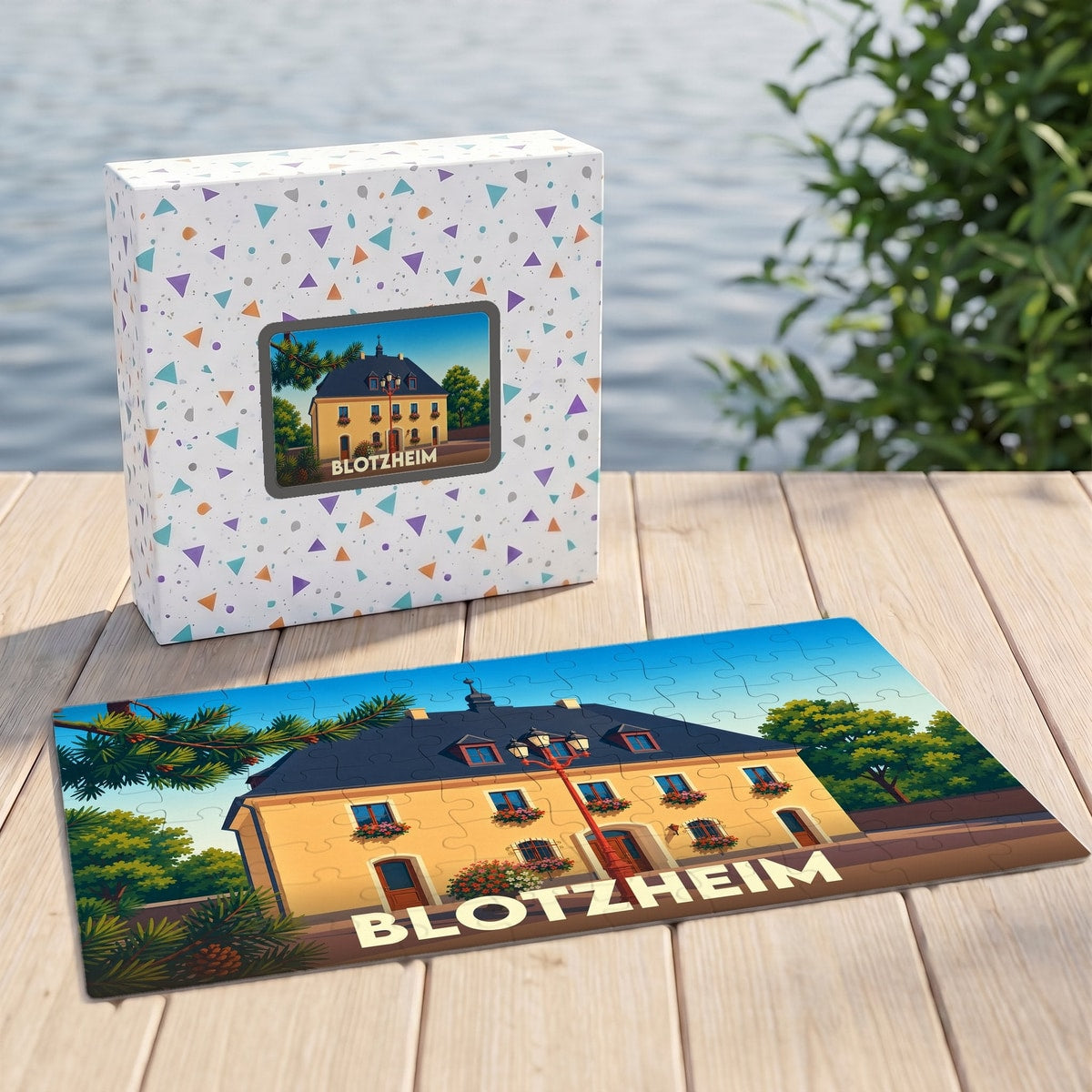 Puzzle souvenir de la ville de Blotzheim avec une illustration stylisée d'un bâtiment historique.
