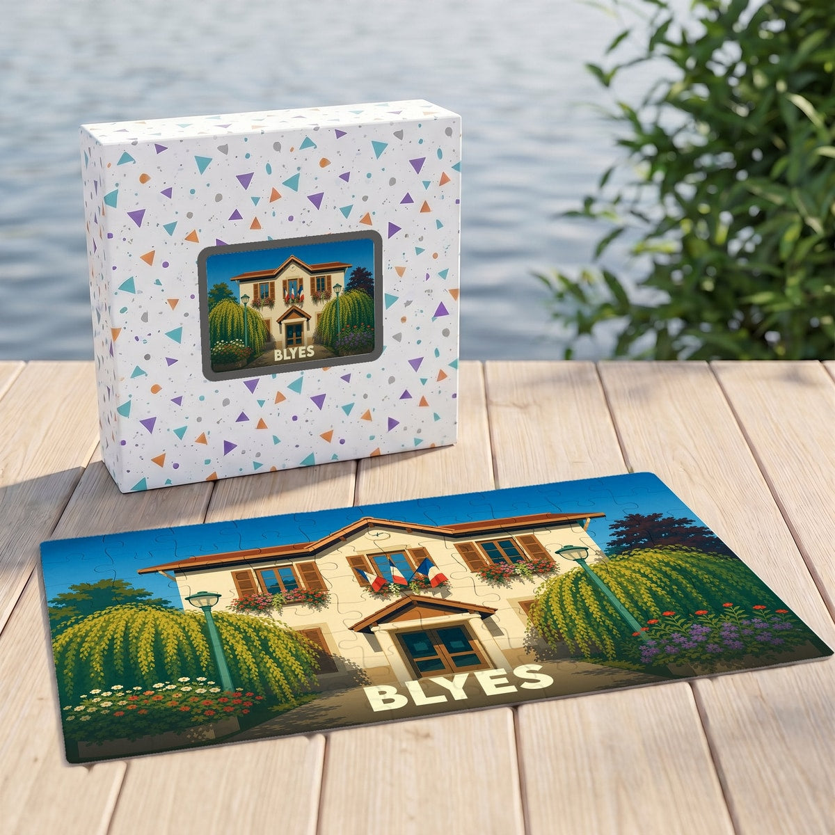 Puzzle souvenir de la ville de Blyes avec une illustration stylisée d'un bâtiment fleuri.