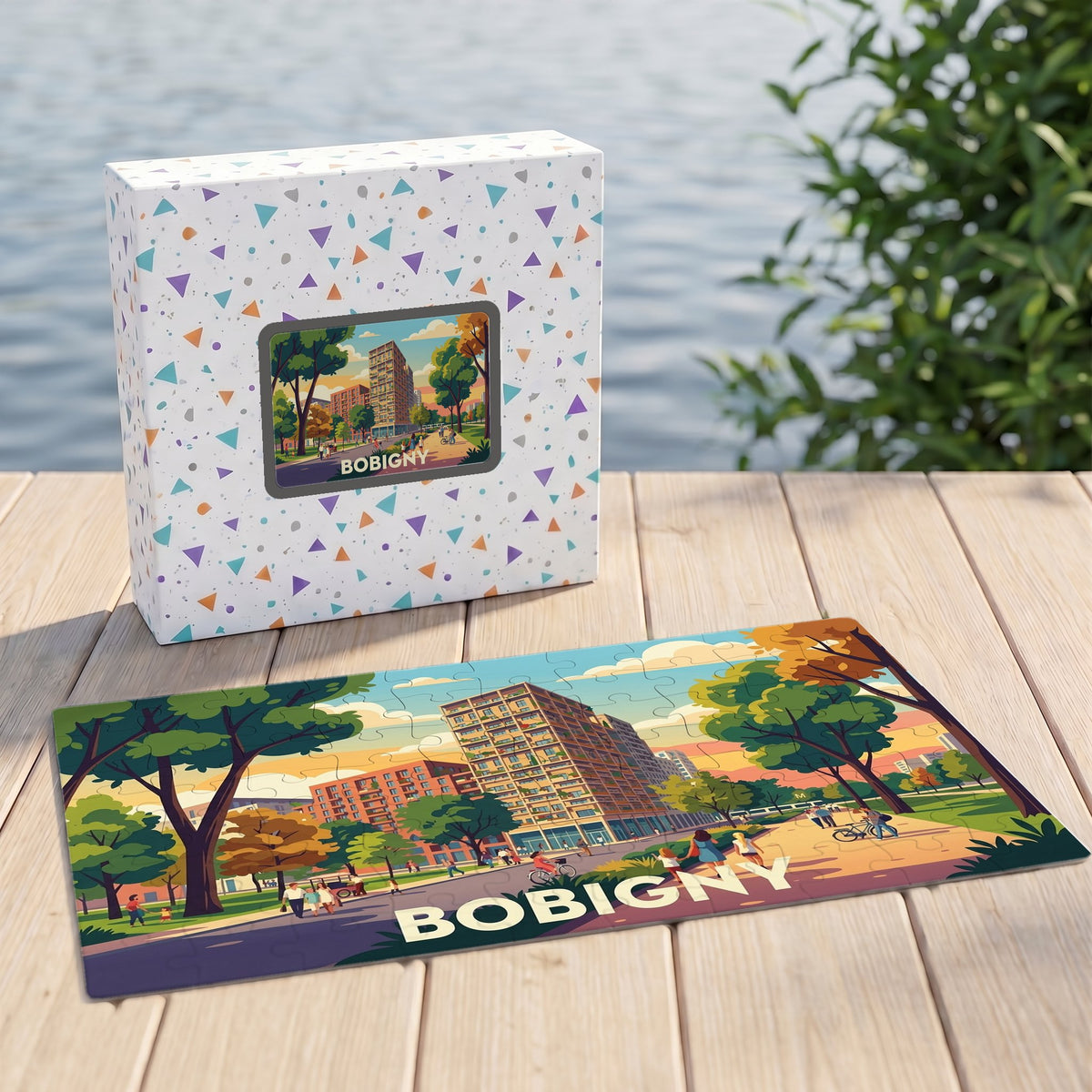 Puzzle souvenir de la ville de Bobigny avec une illustration stylisée d'un paysage urbain verdoyant.