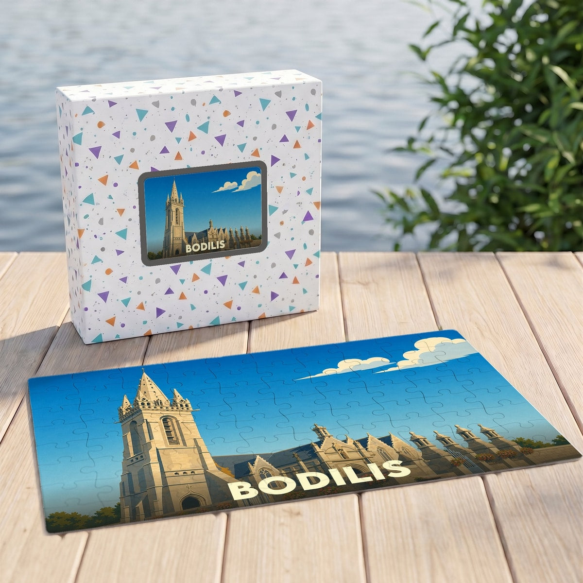 Puzzle souvenir de la ville de Bodilis avec une illustration stylisée d'une église sous un ciel bleu.