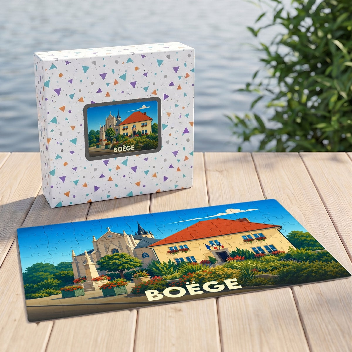 Puzzle souvenir de la ville de Boëge avec une illustration stylisée et colorée.