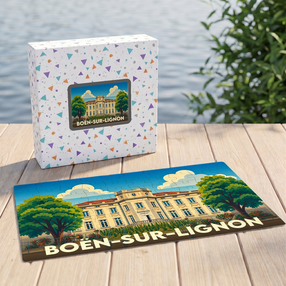 Puzzle souvenir de la ville de Boën-sur-Lignon avec une illustration stylisée de son château.