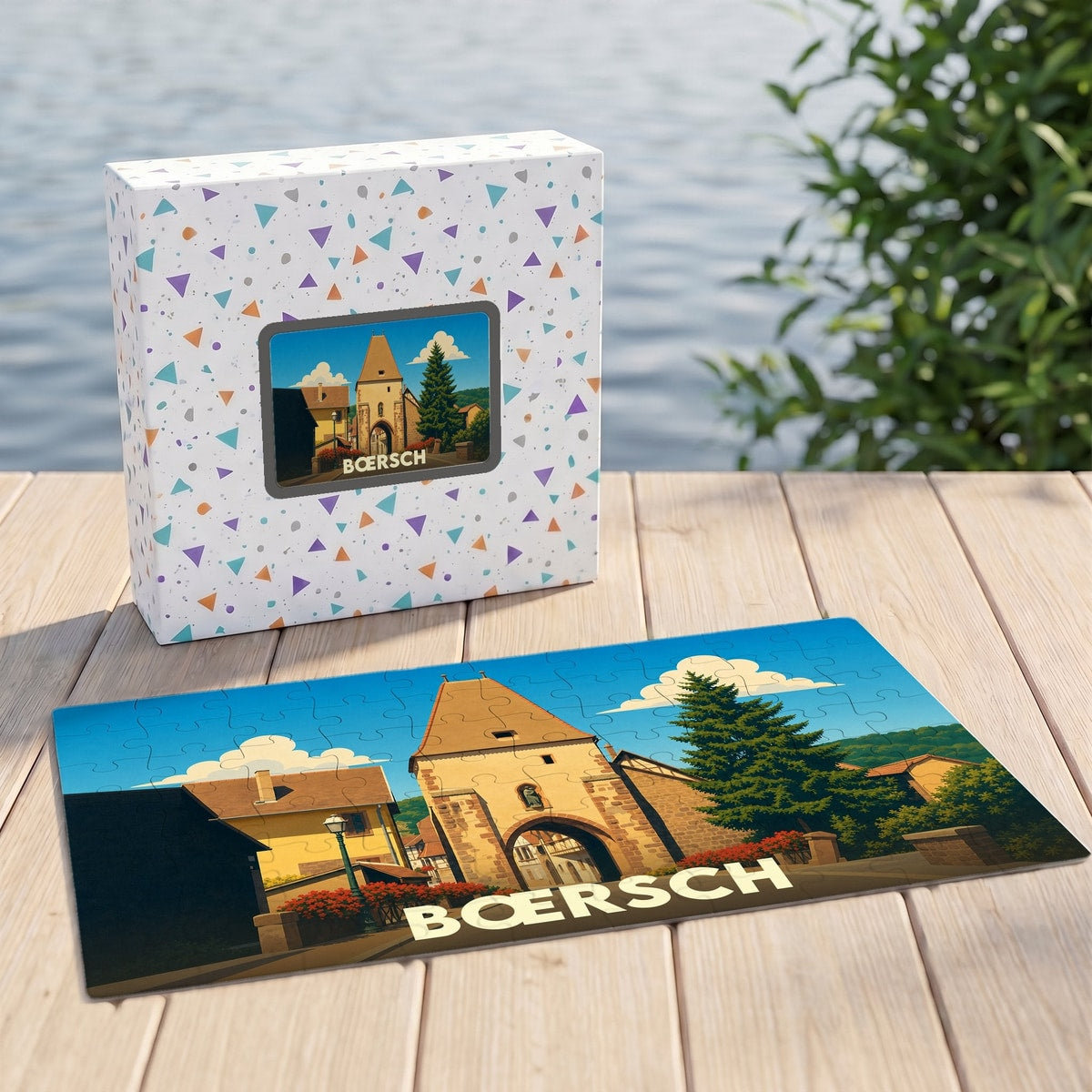 Puzzle souvenir de la ville de Bœrsch avec une illustration stylisée d'une porte médiévale.